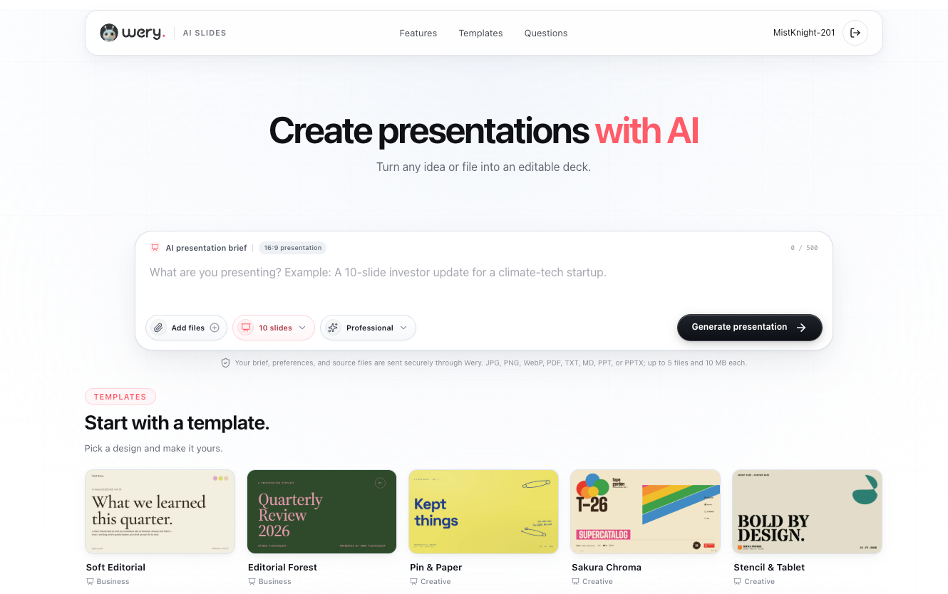 Interface do Wery PPTea, ferramenta de apresentação com IA