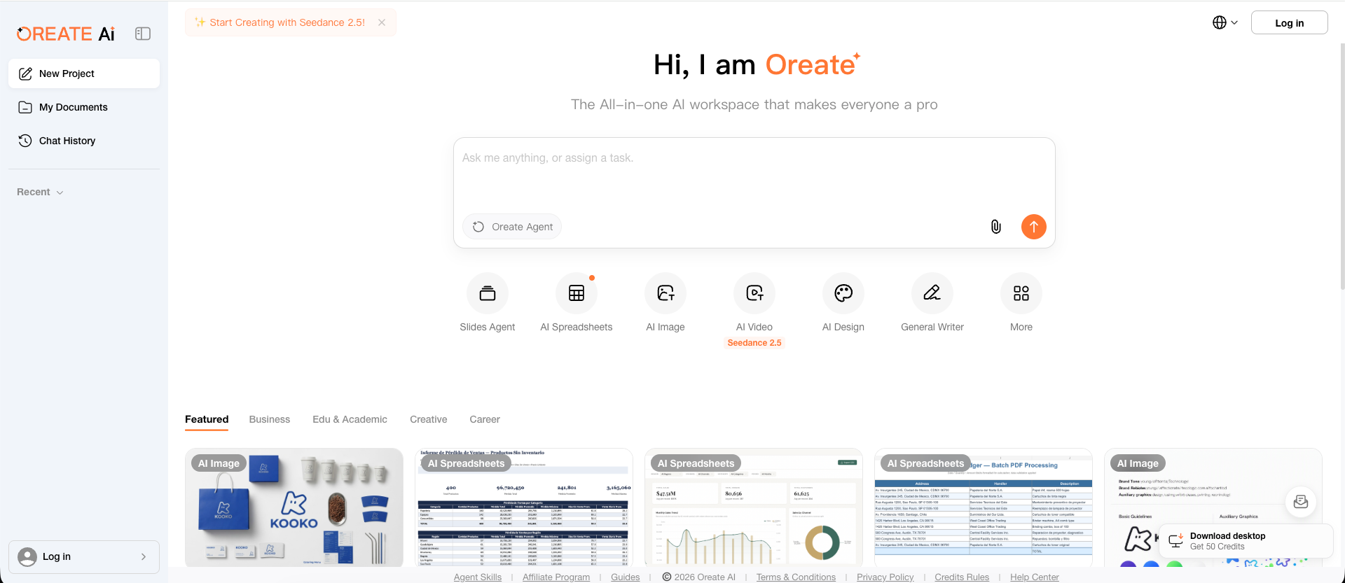 Interface do Oreate AI, ferramenta de apresentação com IA