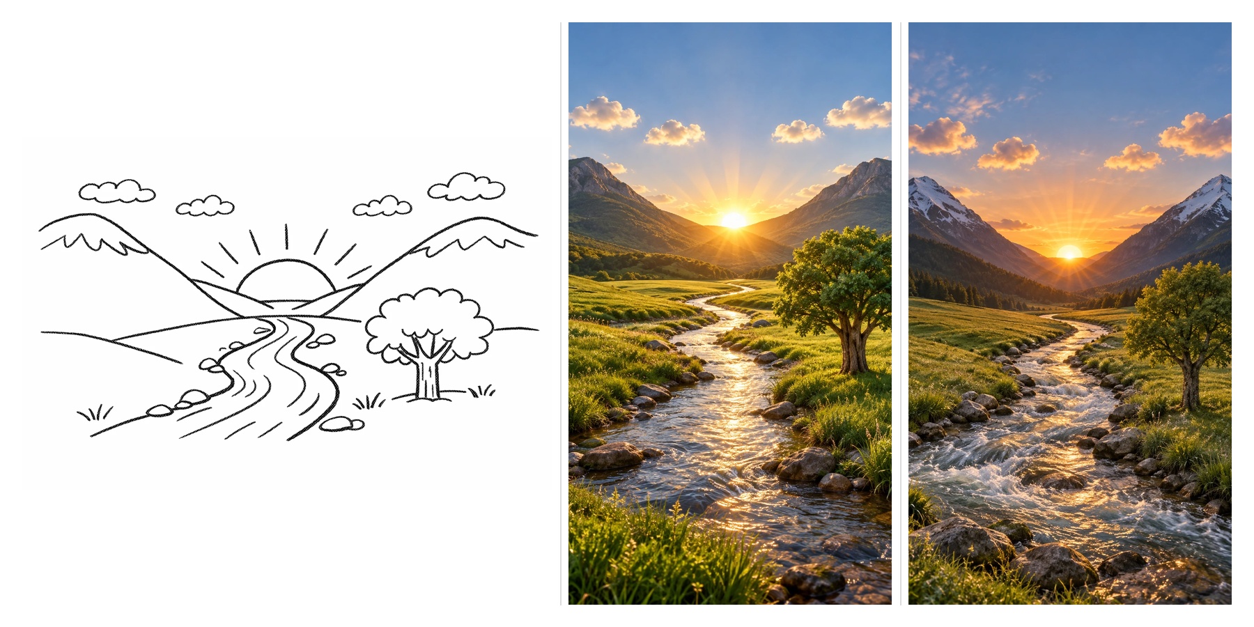 Um esboço de paisagem transformado pelo GPT Image 2.5 em duas imagens fotorrealistas de um vale montanhoso