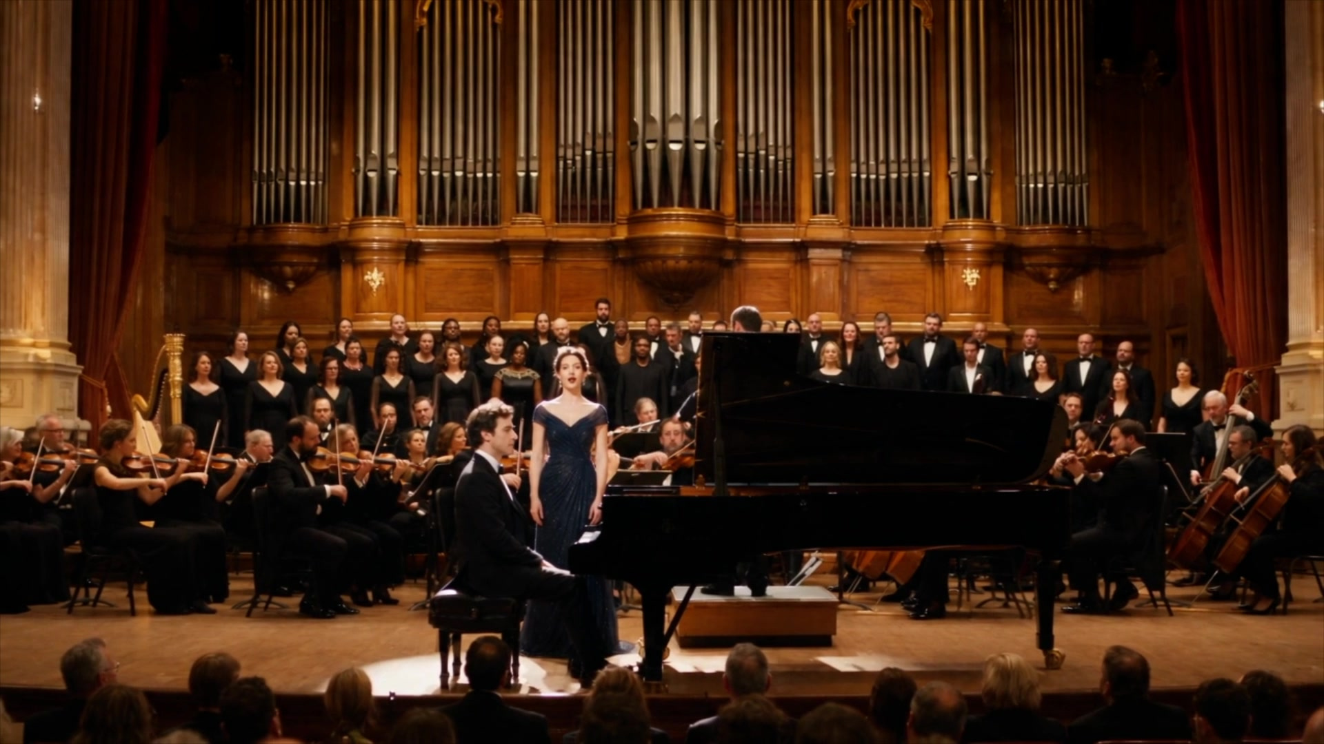 Demonstração oficial de show do Seedance 2.5 com uma cantora, um pianista, uma orquestra e um coral